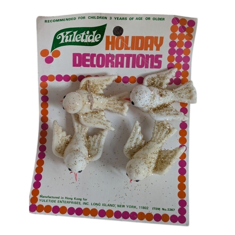 Yuletide Vintage Christmas Bird Ornaments White Gold Glitter Holiday Decorations